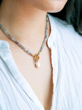 Labradorite Gemstone Necklace Gold Toggle Clasp Removable Pearl Healing Crystal